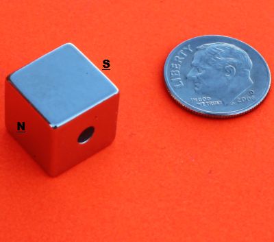N52 1/2 Inch Cube w/hole perpendicular to Magnetized Neodymium Magnets